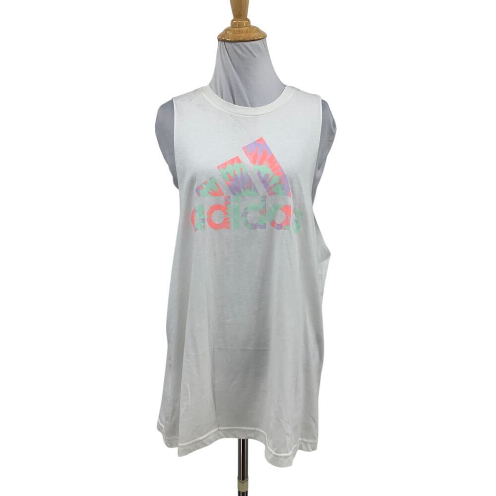 Adidas Tank Top Women XL White Universal Tie Dye Logo Graphic Muscle *READ